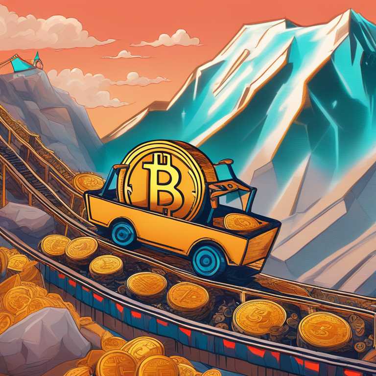 A whimsical portrayal of the cryptocurrency market’s rollercoaster ride, featuring a stylized Bitcoin rollercoaster cart daringly navigating through steep peaks and valleys, against a backdrop of digital currency symbols, vibrant and filled with the thrill of investment adventures, hand-drawn digital illustration, Artstation HQ, digital art, capturing the exhilarating unpredictability of the Bitcoin journey.