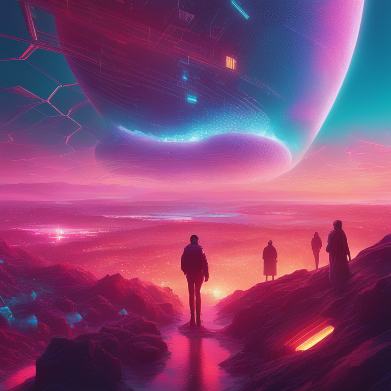 a futuristic digital landscape animated by AI agents orchestrating crypto transactions, vividly capturing the essence of digital transformation in finance, art by Beeple and Daniel Conway, digital illustration, trending on ArtStation, high-tech, with mesmerizing detail and vivid colors, Sci-Fi themed