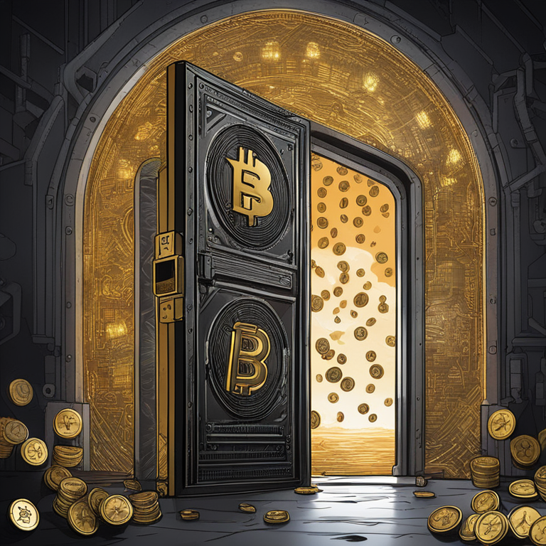 cryptocurrency wallet reopening after years of inactivity, sparking intrigue and market speculation, hand-drawn digital illustration, Artstation HQ, digital art depicting a vault door ajar with glowing coins spilling out, symbols of various cryptos floating in the air, atmosphere filled with mystery and anticipation, art by Satoshi Nakamoto, trending on Cryptocurrency Artstation, shadowy silhouette against a backdrop of glowing, digital coins, high-tech, intriguing