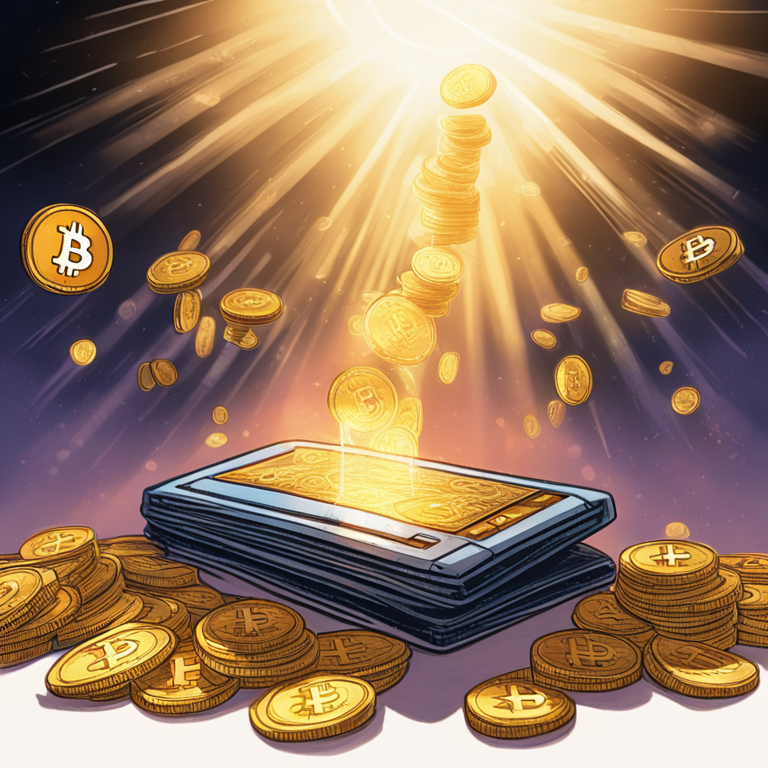 dusty, old digital wallet swinging open, beams of light revealing stacks of digital Bitcoin, hand-drawn digital illustration, Artstation HQ, a visual metaphor for the joyful shockwaves sent through the cryptocurrency markets, art by Satoshi Nakamoto, capturing the essence of a decade-long mystery unraveling, trending on Cryptocurrency Artstation, a shadowy figure re-emerging into the luminous realm of digital finance, captivating and enigmatic