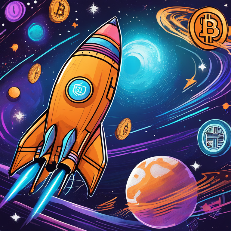 A vibrant hand-drawn digital illustration of Solana, Bitcoin, and Ethereum as futuristic rocket ships soaring through a galaxy filled with digital currency symbols, art by top digital artists from Artstation, showcasing dynamic motion, contrasting colors, and intricate details in a space-themed backdrop, designed to captivate and engage the imagination of viewers, trending on Artstation with a high level of artistry and creativity.