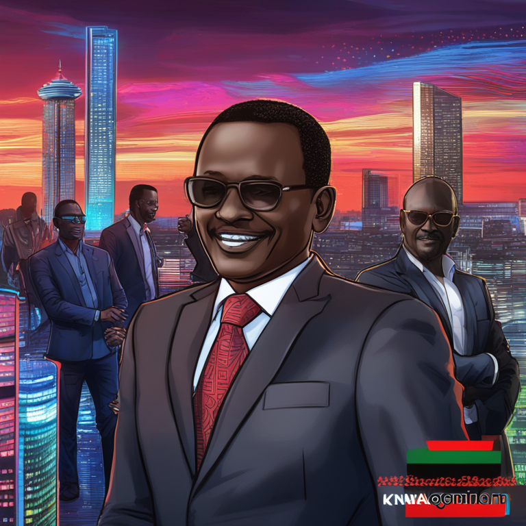 Kenyan President meets with Marathon Digital executives in a groundbreaking alliance to reshape the nation's cryptocurrency policies, featuring vibrant digital illustrations of futuristic Nairobi skyline amalgamating with blockchain symbols, hand-drawn digital illustration, Artstation HQ, digital art.