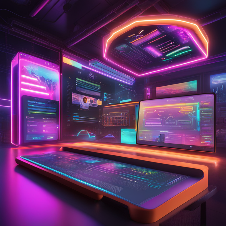 An immersive visual journey through Full Force's Community Incubation Launchpad interface, showcasing vibrant user engagement dashboards and real-time investment feedback loops, rendered in dazzling neon colors, highlighting the convergence of community and technology, digital illustration, trending on Artstation, the epitome of Web3 innovation.