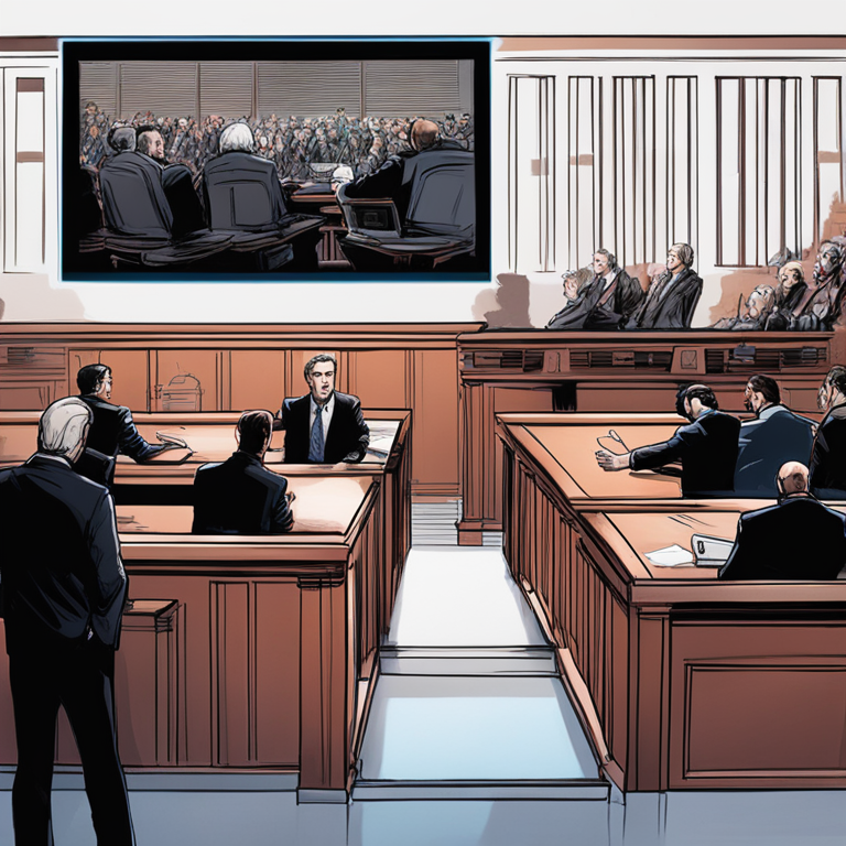 A dramatic courtroom scene with Marc Fagel facing against the SEC, Ripple's logo emblazoned in the background, evoking the high stakes legal battle in the crypto world, digital art in expressive, bold strokes by Nico Delort and Sam Weber, trending on ArtStation, hand-drawn digital illustration