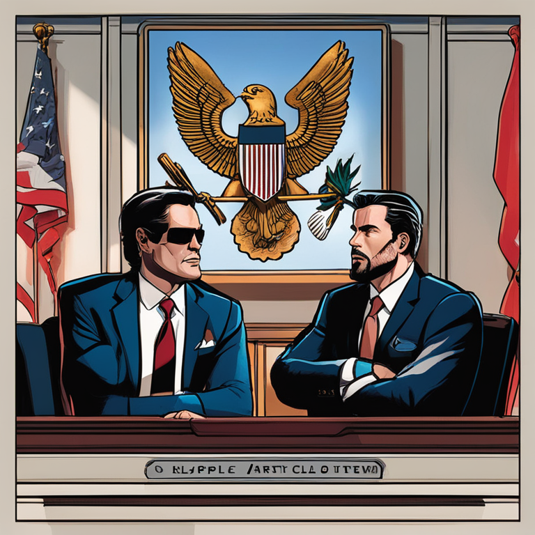 A vivid illustration capturing the tension and drama of a high-stakes legal battle, featuring Marc Fagel in a dynamic courtroom scene, the SEC and Ripple logos clashing, symbolizing the clash of tradition and innovation, art by Sam Weber and Nico Delort, engaging and emotionally charged digital art, trending on ArtStation