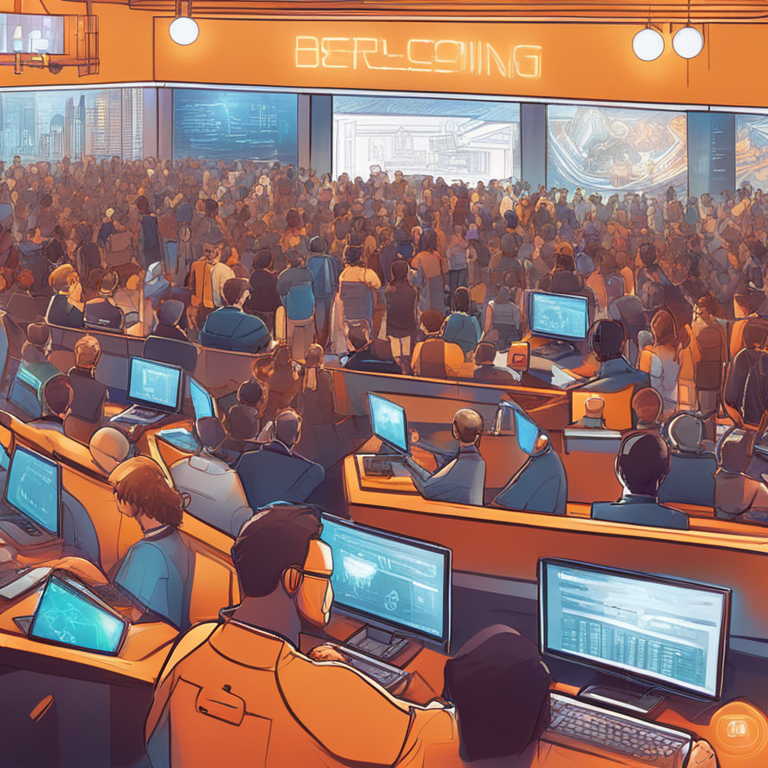 A bustling conference scene captured in vibrant digital art, showcasing excited developers gathered around innovative Bitcoin projects, overflowing with creativity and the spirit of collaboration, hand-drawn digital illustration in the style of Artstation's trending page, capturing the essence of dynamism and futuristic blockchain aspirations.