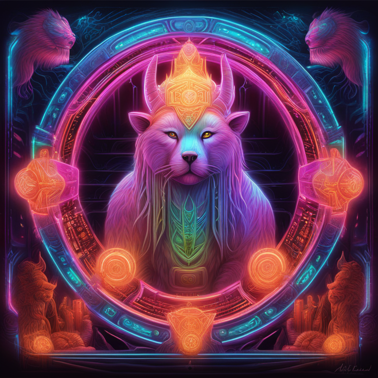 Vibrant digital artwork displaying a neon-lit vault, overflowing with gleaming $YAKS tokens, guarded by a majestic Floki Inu, emblematic of robust security and pioneering spirit in the crypto realm, art inspired by Alex Grey's ethereal aesthetics and HR Giger's surrealism, a trending masterpiece on Artstation, hand-drawn digital illustration, digital art