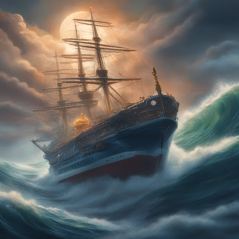 A visual metaphor of Coinbase navigating through a regulatory storm, represented by a gigantic ship steering with precision and confidence, digital art by visionary artists, trending on Artstation, symbolizing strategic navigation and resilience, dynamic, high-resolution illustration, encapsulating the essence of overcoming adversity in the cryptocurrency world.