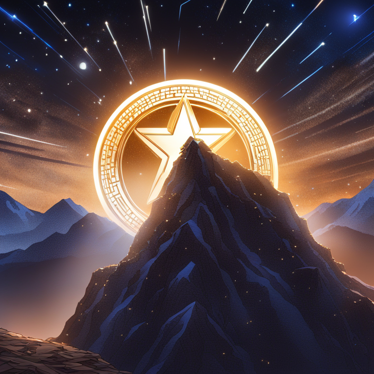 A detailed, dynamic illustration of Coinbase's logo triumphantly perched atop a mountain of digital coins, glowing against a backdrop of a star-filled night sky, artwork by celebrated digital artists, embodying success, growth, and visionary foresight in the ever-evolving world of cryptocurrency, trending on Artstation, a beacon of progress.