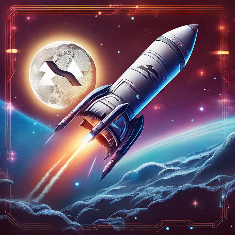 A dynamic rocket-themed digital art piece symbolizing XRP's bullish ascent amidst legal battles, featuring energized dollar signs, a meticulously detailed illustration of a rocket with the XRP logo launching towards a moon adorned with digital artistry, trending on Artstation, encapsulating the essence of financial ambition and the crypto community's optimistic spirit, art by futuristic digital artists on Artstation, vibrant colors, energizing visual narrative.