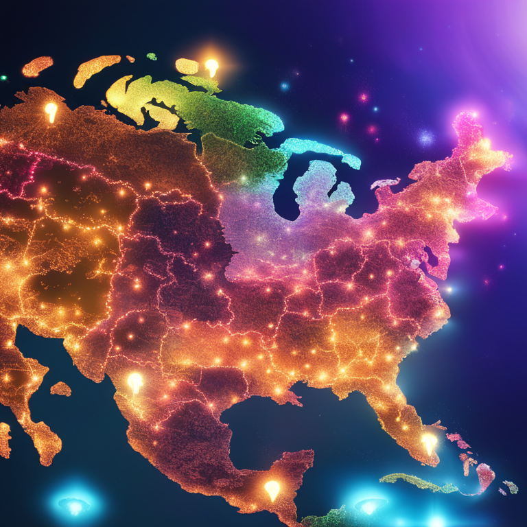 A vibrant digital world map made of glowing currency symbols, illustrating the explosive growth of country-themed meme coins around the globe, styled as a high-energy digital art piece, trending on Artstation