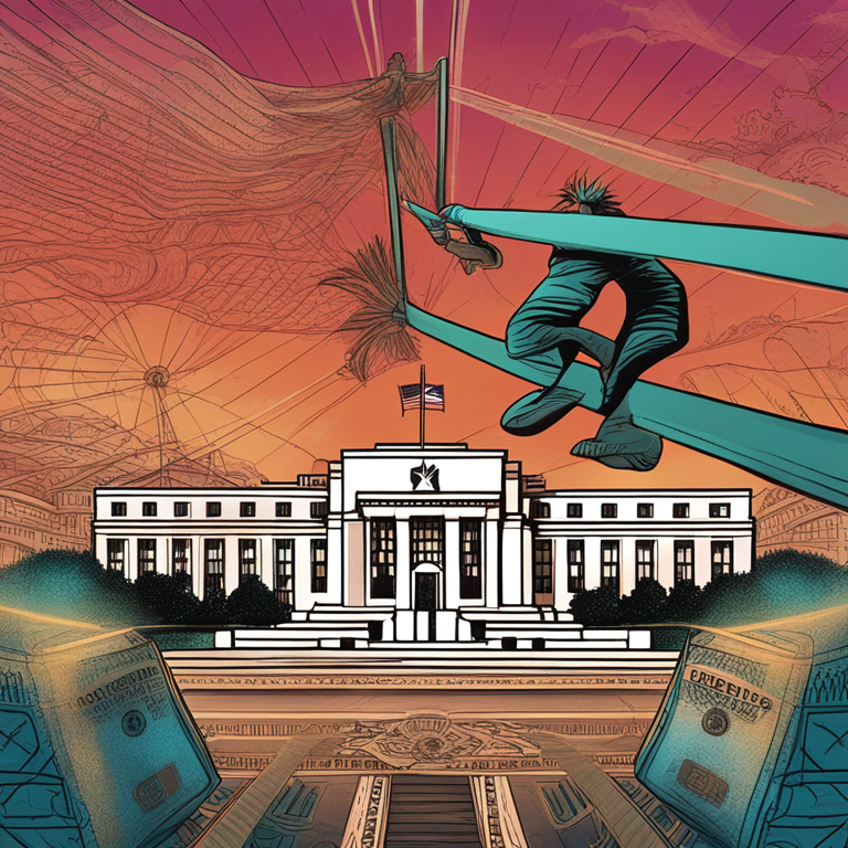 The Federal Reserve in action, depicting a tightrope walker balancing inflation and economic growth against a backdrop of a stylized Federal Reserve building, hand-drawn digital illustration, vibrant colors, intricate detail, symbolizing precision and risk, Artstation HQ trending digital art.