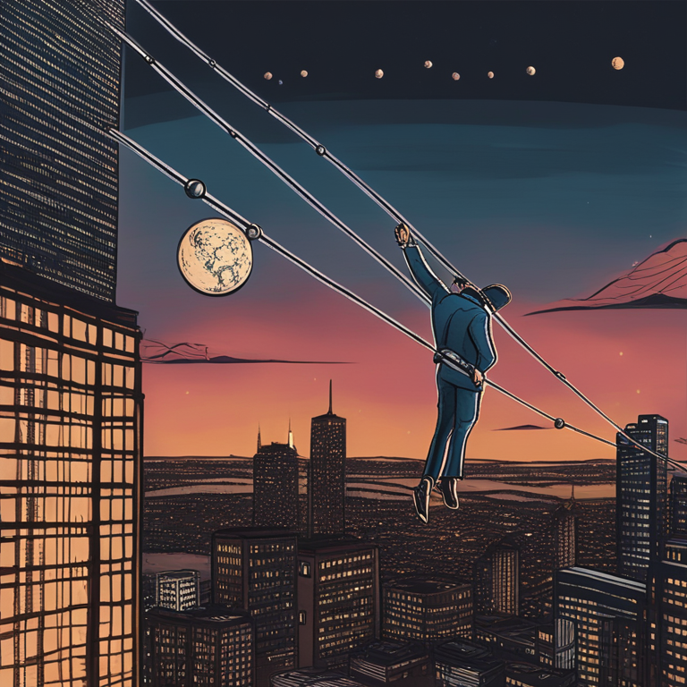 A vivid, hand-drawn digital illustration of a metaphoric economic highwire act, featuring a poised figure endeavoring to balance the weighty spheres of growth and inflation on a tightrope strung above a detailed illustration of the city's financial district at twilight, the Federal Reserve building dominating the skyline, emitting a soft glow as a beacon in the uncertain economic night, trending on Artstation HQ, capturing the essence of monetary policy's delicate balance, digital art.