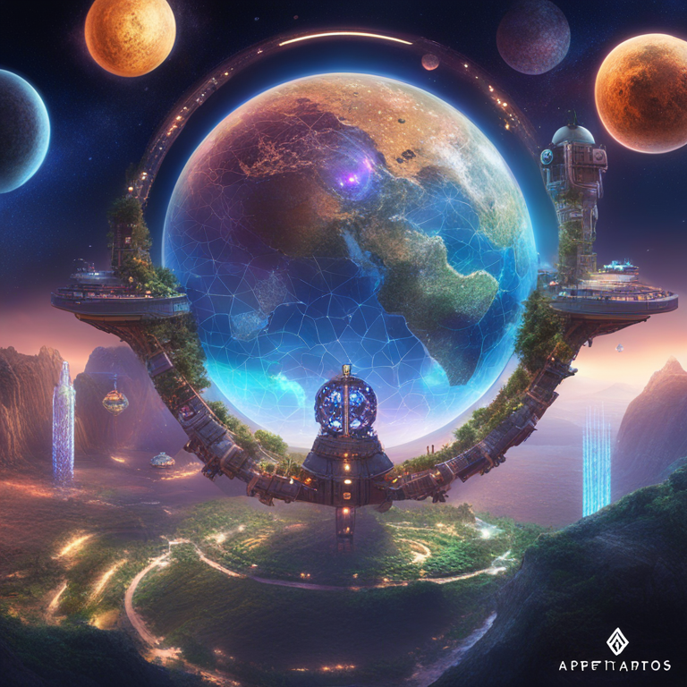 An imaginative portrayal of the future of blockchain gaming, featuring a digital mosaic of ApeChain's triumph in the gaming universe with ApeCoin and Horizen Labs logos orbiting a vividly detailed Arbitrum Orbit L3 planet, art by digital maestros, a fantasy realm sprung to life, showcased on Artstation