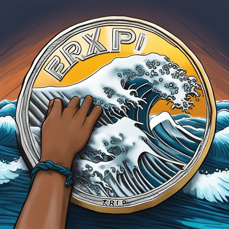 XRP coin catching a wave, teetering on the edge of a bearish downturn, a hand-drawn digital illustration showcasing the intense drama in the cryptocurrency market, trending on Artstation, high-quality digital art