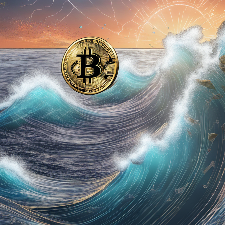 XRP coin defying gravity, soaring above a turbulent sea of market averages, hand-drawn digital illustration on the edge of tomorrow, capturing the pulse of the cryptocurrency market, trending on Artstation HQ, digital art