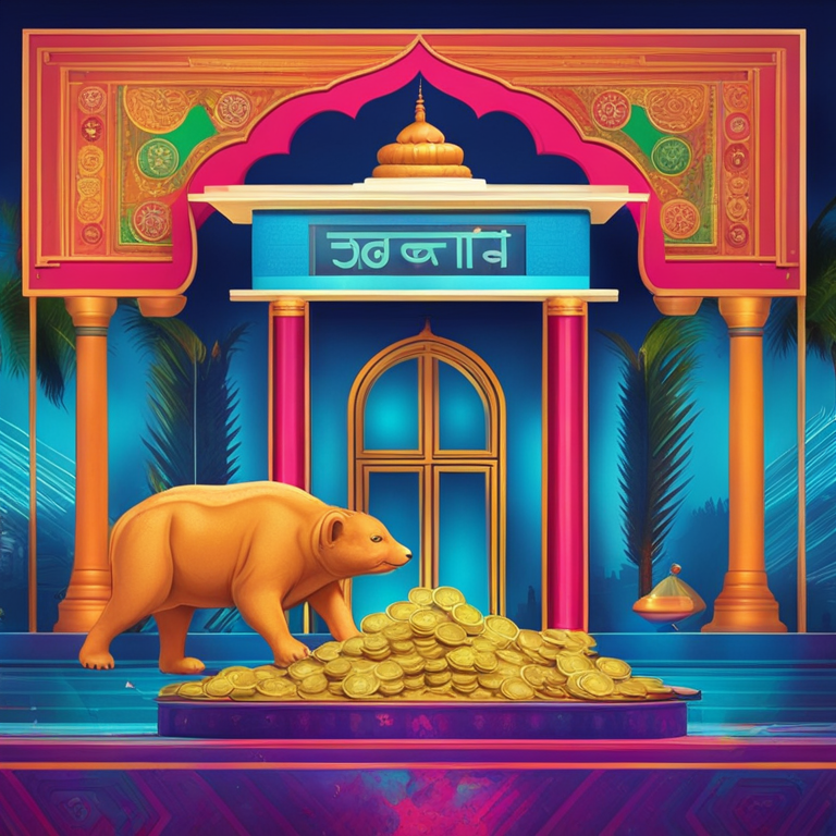 A vibrant tableau showcasing India's digital currency leap, featuring RBI’s introduction of an offline CBDC with elements of traditional Indian culture infused with futuristic digital symbols, capturing imaginations on Artstation, digital art style, high engagement, and informative