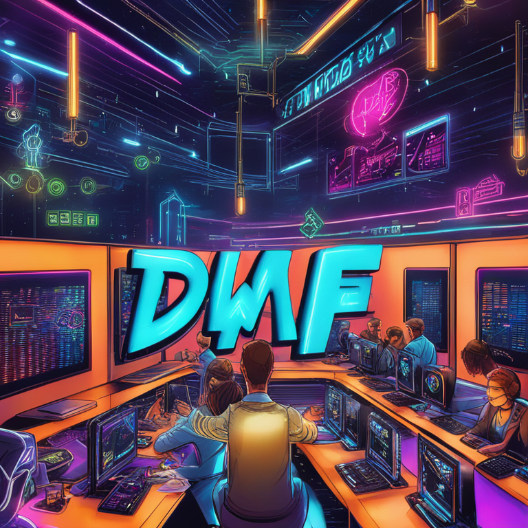 A dynamic and vibrant depiction of DWF Labs engaging in a high-stakes crypto move, symbolized by the fluttering of various cryptocurrency logos against a backdrop of digital matrices and neon glows, evoking the fast-paced and volatile nature of the crypto market, inspired by avant-garde digital art, trending on Artstation, hand-drawn digital illustration by Kelsey Brookes and James Jean