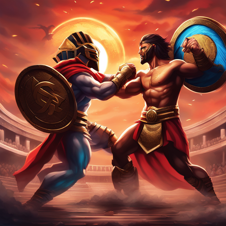 A vibrant, dynamic digital artwork depicting Ripple and SEC as gladiators in an epic showdown, resonating with tones of anticipation and climax. The scene is a masterpiece on the financial battleground, trending on Artstation, by top digital artists in the crypto world, visually stunning and emotionally charged, capturing the essence of the current crypto narrative. Art by top crypto digital artists, digital illustration, trending on Artstation, vibrant and emotionally charged scene.