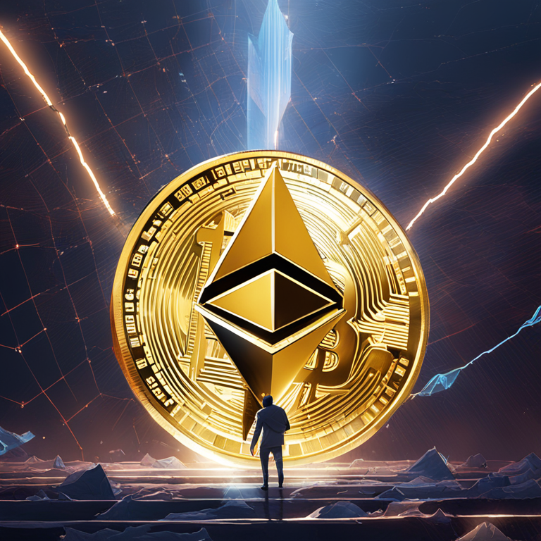 A dynamic digital painting capturing Ethereum's surge past $3,000, featuring a towering golden ETH coin beaming over a shattered financial chart barrier, evoking a strong sense of market breakthrough and investor optimism, matching the illustrative finesse found on Artstation, designed by artists comparable to Beeple, encapsulates the essence of the cryptocurrency revolution, digital art