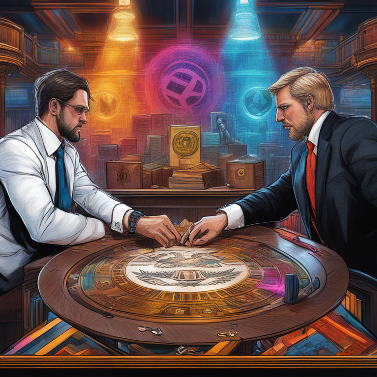 A dynamic tableau capturing the legal showdown between Ripple and SEC, visualized through an artistic allegory of regulatory conquest and innovation struggle, with hand-drawn digital figures embodying the essence of blockchain defiance against traditional oversight. Art by premier crypto artists, capturing the zeitgeist of our digital era, a compelling narrative illustrated in vivid hues and striking emotion, showcased on Artstation, setting the mood for this pivotal moment in crypto regulation history.