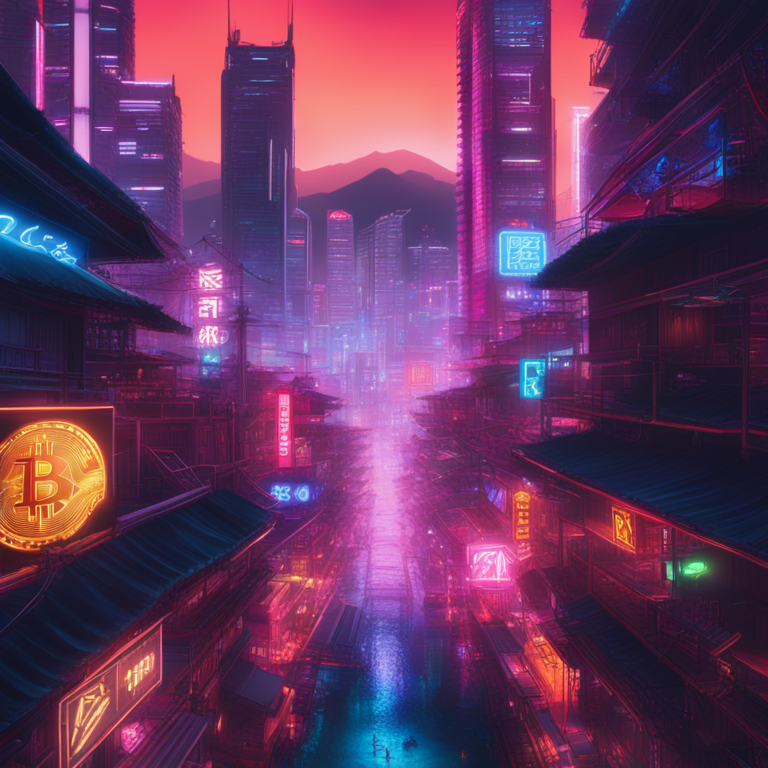 a futuristic cityscape of Hong Kong at night, aglow with neon signs of Bitcoin and Ethereum symbols, reflecting the city's embrace of cryptocurrency ETFs, a hand-drawn digital illustration, trending on Artstation, vivid, immersive city lights, by artists reminiscent of Beeple and Khyzyl Saleem, capturing the essence of innovation and finance merging