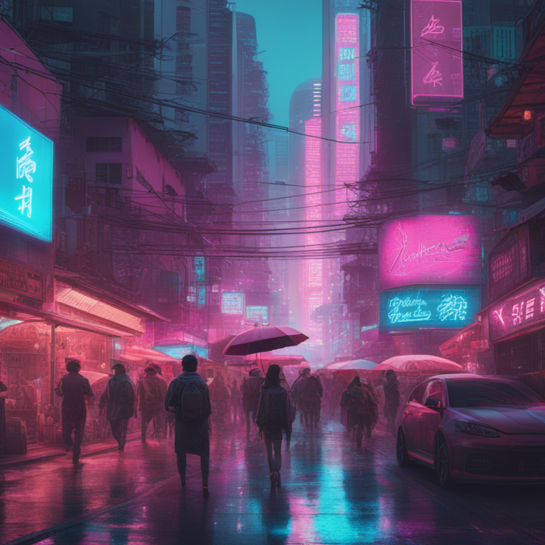 Digitally sketched bustling Hong Kong market street, drenched in the neon blues and pinks of crypto symbols, showcasing a glimpse into the future of finance through a blend of traditional and digital, blending the essence of Beeple's surreal vistas with Khyzyl Saleem's hyper-real cityscapes, hand-drawn digital illustration, trending on Artstation HQ, a mesmerizing night scene where fiat and crypto converge seamlessly, encapsulating innovation and speculation