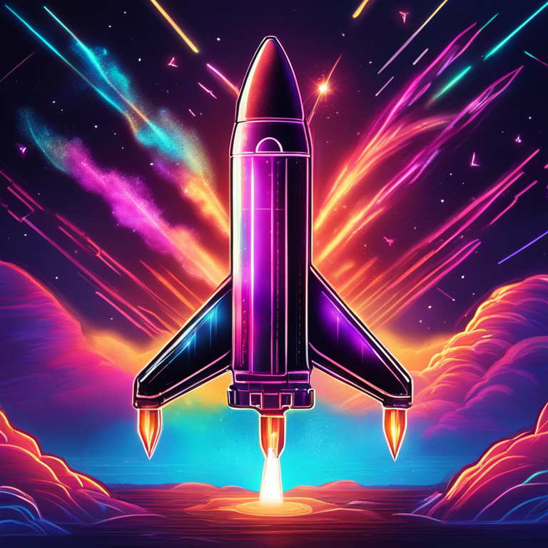 A captivating vision of an Ethereum token transforming into a rocket, igniting and lifting off towards a neon-infused cosmic horizon, embodying potential and hypergrowth, with hand-drawn digital art flair, trending on Artstation, illustrating the vibrant future of DeFi tokens, crafted by a top digital artist