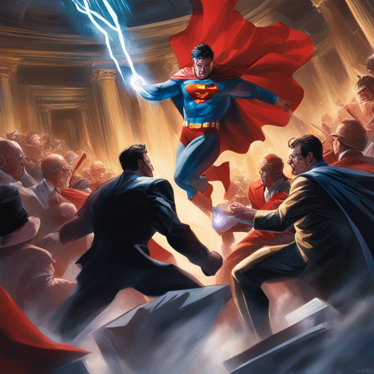 An action-packed clash in a courtroom, envisioned as a superhero battleground, with SEC adorned in a cape of justice challenging crypto villains against a backdrop of legal documents swirling in a storm, art by Alex Ross and Frank Miller, digital illustration, trending on Artstation, dynamic and surreal interpretation of regulatory battles, vibrant colors dominating the scene.