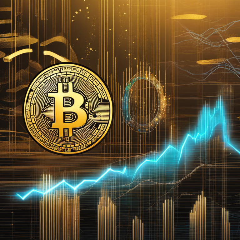 A dazzling digital art visualization showing a soaring stablecoin graph against a Bitcoin slide, encapsulating the market's dynamic shift, with symbols of resilience and growth, art by Satoshi Nakamoto meets Vincent Van Gogh, digital illustration, trending on Artstation, a synthesis of finance and art.