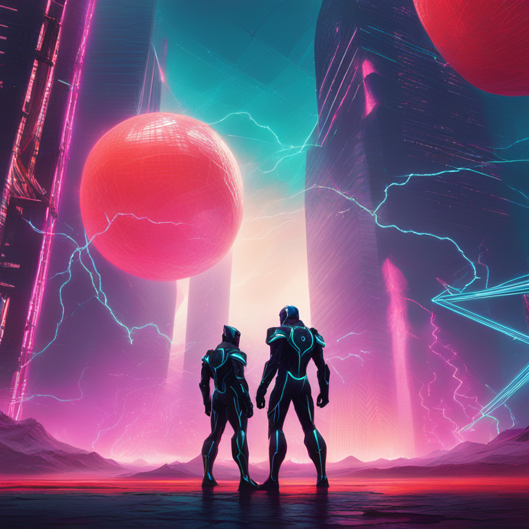 Two digital titans clashing in a high-stakes blockchain showdown, Tron and Ethereum are depicted as towering giants in a vibrant, electric battle landscape, art by Beeple, digital illustration, trending on Artstation, a dynamic and energy-infused scene