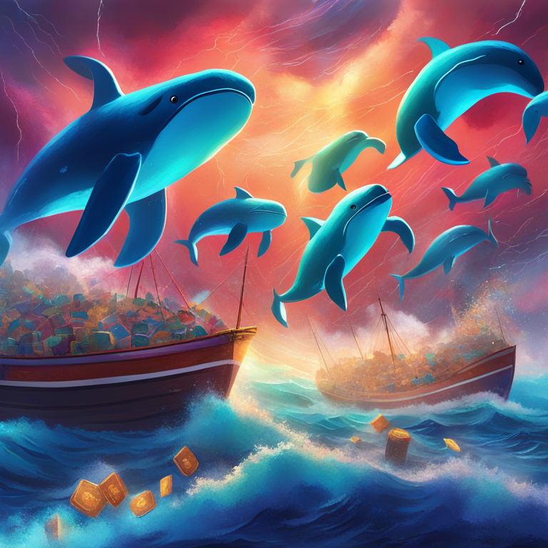 A captivating scene of digital whales navigating through a storm of cryptocurrency tokens, symbolizing significant market events on the horizon, digitally painted in rich, vibrant colors, popular among ArtStation's top digital art creators.