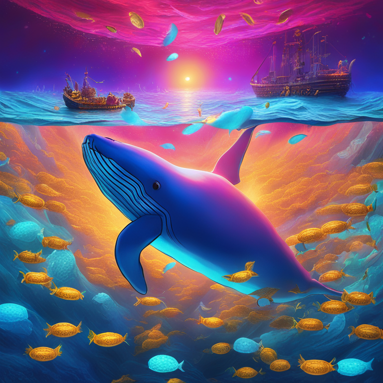 digitally-rendered image depicting the bustling activity of crypto whales gathering in a vivid underwater landscape, symbolizing their strategic moves in the XRP market, complete with shimmering treasure chests filled with coins, conceptual art attracting attention in digital art forums, rendered in captivating colors and dynamic compositions, spotlighting the crypto ecosystem's vibrancy and the speculative nature of digital currencies, art by renowned artists in the crypto art scene, digital illustration, trending on Artstation, immersive and detailed.