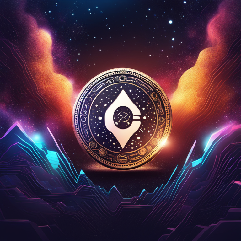 Futuristic digital art of Cardano (ADA) coin skyrocketing among the stars, symbolizing its potential price surge, hand-drawn digital illustration, Artstation HQ, vibrant colors, dynamic motion effect, detailed cosmic background, trending on Artstation, digital art.