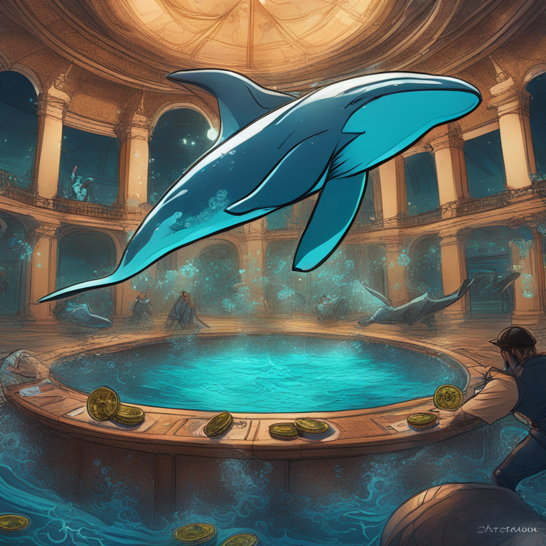 A lavish depiction of Bitfinex whales diving deep into pools of digital coins, with Bitcoin symbols bubbling up towards a surface reflecting a bullish market trend, captured in a hand-drawn digital illustration, Artstation HQ, digital art, evoking a rich narrative of speculation and strategy in the crypto universe.