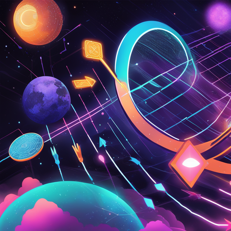 luminous depiction of Chainlink's trajectory in the crypto cosmos, with arrows and celestial bodies illustrating growth and potential, digital artistry meets financial analysis, vivid neon against the cosmos' dark expanse, hand-drawn digital illustration, inspired by trending styles on Artstation HQ, portraying a hopeful future amid the market's ebb and flow.