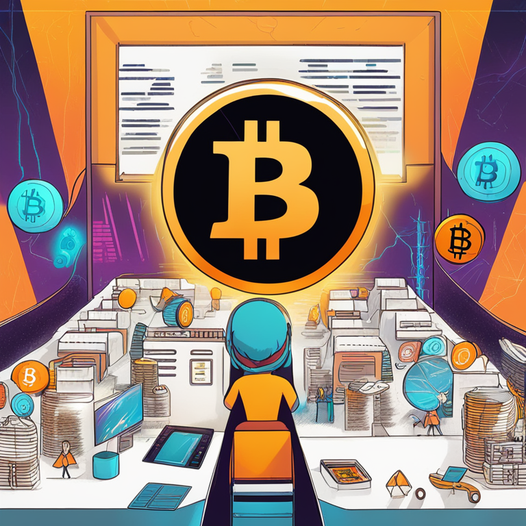 A hand-drawn digital illustration capturing the delicate balance of Bitcoin on the edge of innovation and stagnation, featuring vibrant colors and dramatic contrasts, with shadowy figures symbolizing the market's anticipation and challenges, trending on ArtStation, by ArtStation HQ artists, high-resolution digital art.