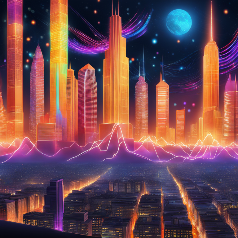 A radiant explosion of digital currency growth, depicted as a dazzling array of colors against a night sky, illustrating Bitcoin's forecasted parabolic surge, art by futuristic cityscape artists, capturing market excitement and financial revolution, digital art masterpiece trending on Artstation, visual metaphor for explosive financial growth and cutting-edge technology, hand-drawn digital illustration, Artstation HQ.