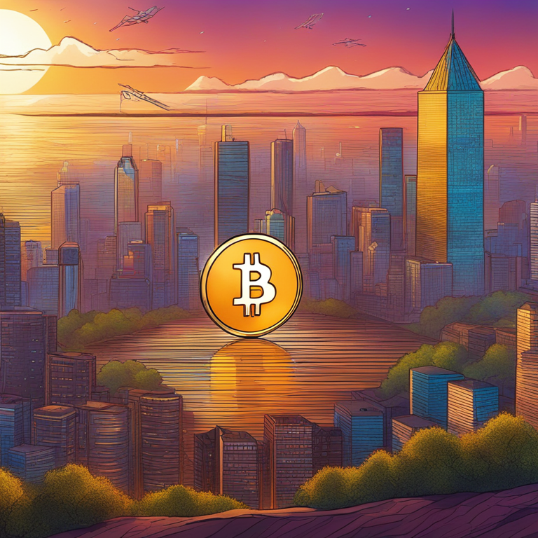 A visionary depiction of Bitcoin's journey into uncharted territories of value, featuring a hand-drawn digital illustration of a golden Bitcoin soaring above a futuristic cityscape, under a technicolor sky, art that captures the essence of financial innovation and optimism, trending on Artstation HQ.