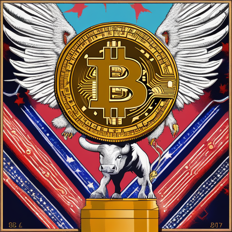 A lively digital art montage capturing Bitcoin's fall to $63,000 amid U.S. regulatory crackdown, featuring a bewildered bull facing off against a stern eagle emblematic of the SEC, conceptual digital illustration, trending on Artstation, hand-drawn by visionary artists visualizing the friction between cryptocurrency innovation and regulatory oversight.