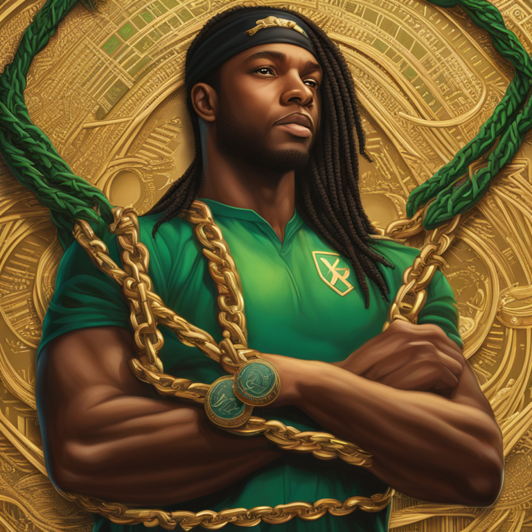 A digital rendering of Robinhood icon entangled in SEC regulation chains, representing the tight scrutiny of crypto exchanges, high-resolution digital artwork by Kadir Nelson, trending on Artstation, intricate details highlighting the complex relationship between finance and regulation, digital illustration