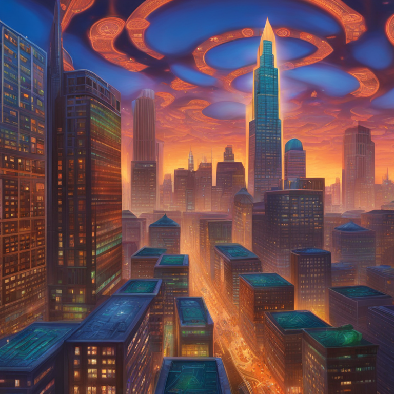 A vibrant digital painting capturing a futuristic cityscape where traditional financial buildings and cryptocurrency symbols coexist harmoniously under a regulatory gaze, symbolizing an integrated future of finance, art by Kadir Nelson, trending on Artstation, visionary depiction of digital and traditional finance merging, digital illustration