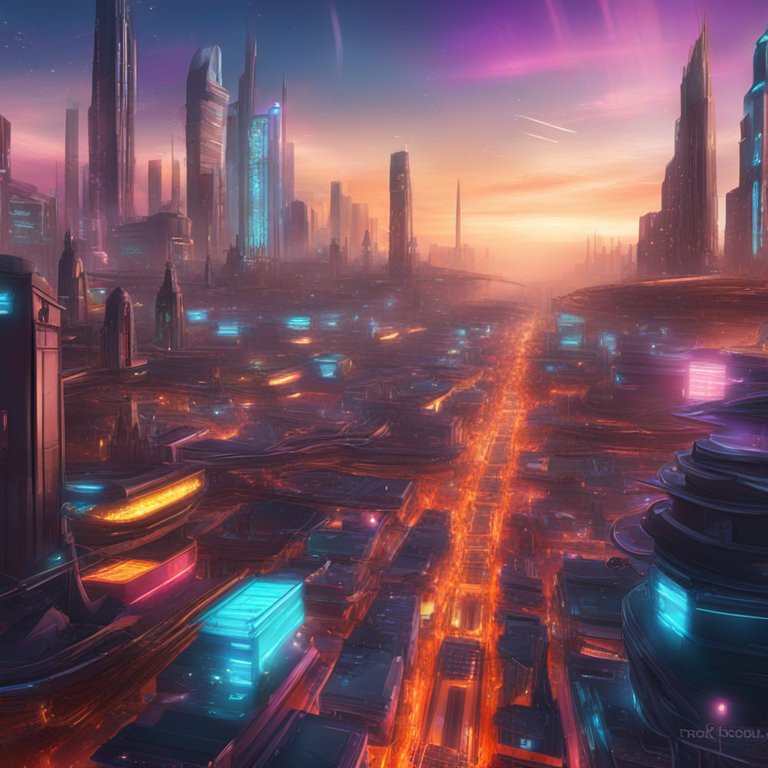 Digital art piece depicting a dazzling futuristic Solana cityscape that emerged stronger post-Ore congestion chaos, celebrating the blend of technology and innovation with a touch of humor, vibrantly colored digital illustration by top digital artists, trending on Artstation, digital art