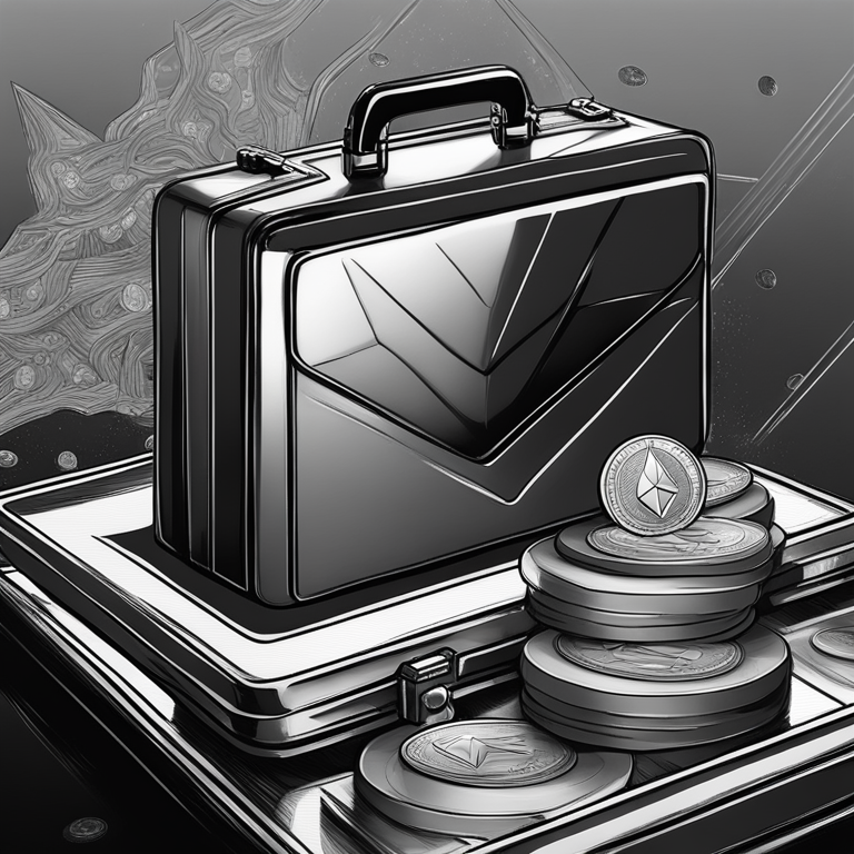 Intricate digital artwork capturing the essence of Grayscale's Ethereum trust, featuring ethereal Ethereum coins flowing into a futuristic ETF briefcase, highlighted by a spotlight in a dark yet vividly colored setting, art by top-tier digital artists from Artstation, engaging and symbolizing the fusion of traditional finance and futuristic cryptocurrency, hand-drawn digital illustration