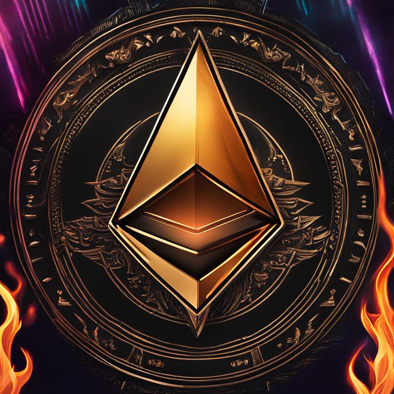 A mesmerizing digital art representation of Ethereum’s logo, engulfed in gentle flames against a dark, mysterious background, hinting at the coin’s fluctuating burn rate, with shadowy figures in the backdrop symbolizing the unpredictable crypto market dynamics, art by top digital artists on Artstation, featuring hyper-detailed, vibrant colors, hand-drawn digital illustration, Artstation HQ.