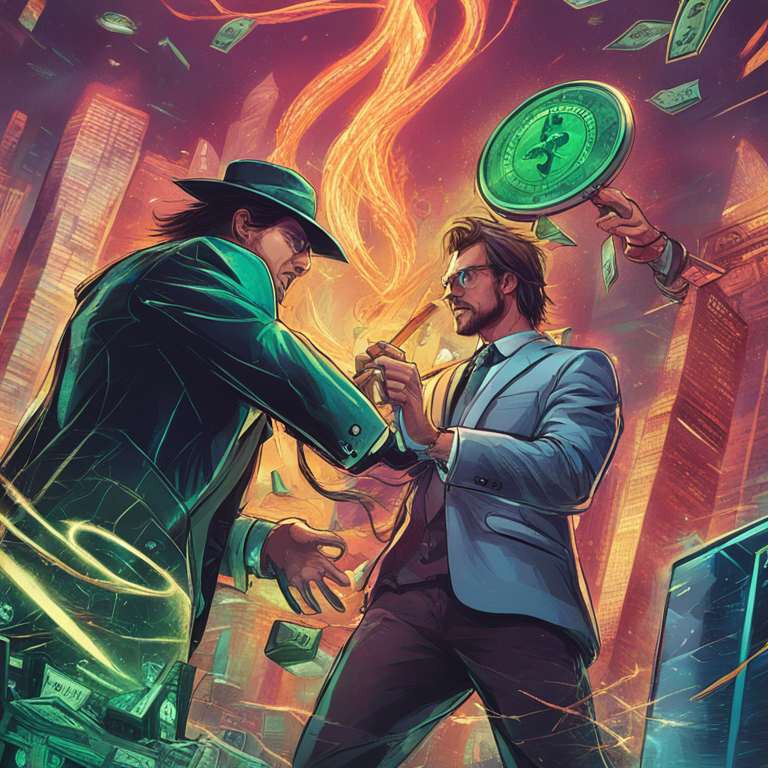 dynamic, energetic clash between corporate titan Robinhood and the colossal regulator SEC, encapsulated in a vibrant, hand-drawn digital illustration, symbols of finance and oversight entwined in a chaotic dance, trending on Artstation, art by concept artists from high-profile digital art communities, visual storytelling at its finest