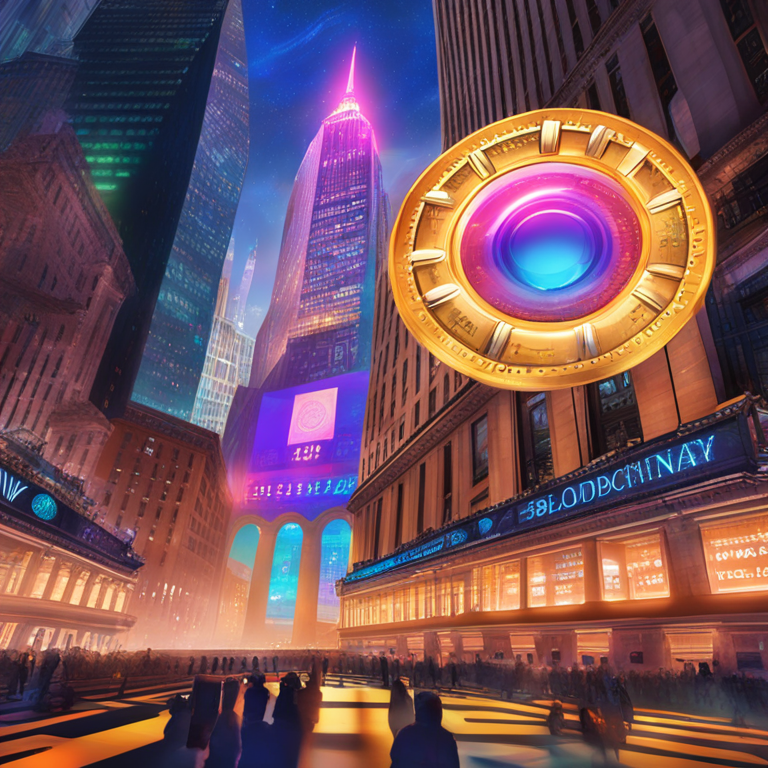 A dynamic, digital art piece symbolizing Exodus Wallet's journey to the NYSE, featuring vibrant, kaleidoscopic representations of cryptocurrency coins merging into the iconic New York Stock Exchange building, with a futuristic cityscape in the background, art by leading digital artists from Artstation, capturing the essence of innovation and the intersection of traditional finance and blockchain technology.