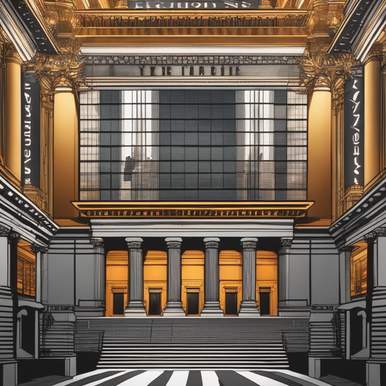 An intricate web of digital finance and blockchain technology converging into the iconic New York Stock Exchange building, highlighting the groundbreaking move of Exodus, art by top digital creators, a visual metaphor capturing the fusion of crypto with traditional stock markets, trending on Artstation, digital art masterpiece.