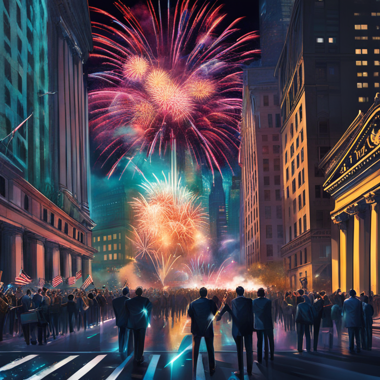 Celebratory fireworks over the New York Stock Exchange as digital currencies and traditional finance icons merge in a vibrant display, encapsulating Exodus's pioneering move, art by prominent digital visionaries, symbolizing a historical moment at the intersection of blockchain and the stock market, celebrated on Artstation, digital art sensation.