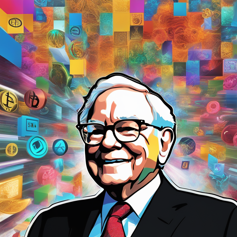 A digital montage showcasing Warren Buffett amidst a flurry of rising altcoin symbols, hinting at the ripple effects of influential remarks on blockchain technology trends. The artwork merges styles reminiscent of Picasso and modern digital art, full of vibrant colors and dynamic compositions, trending on ArtStation, created by an artist inspired by Satoshi Nakamoto, digital illustration.